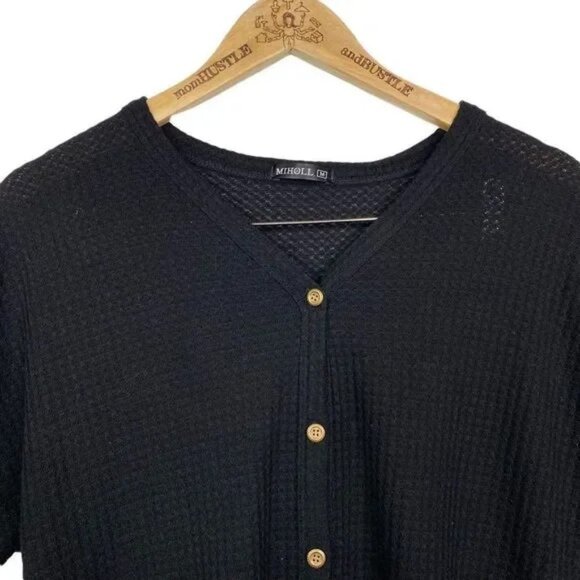 MIHOLL WOMEN'S BLACK BUTTON DOWN TIE FRONT SHORT SLEEVE WAFFLE SHIRT MEDIUM-EUC - Picture 2 of 7